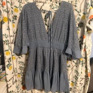 Large blue v neck lace crotchet mini dress with batwing flowy sleeves.